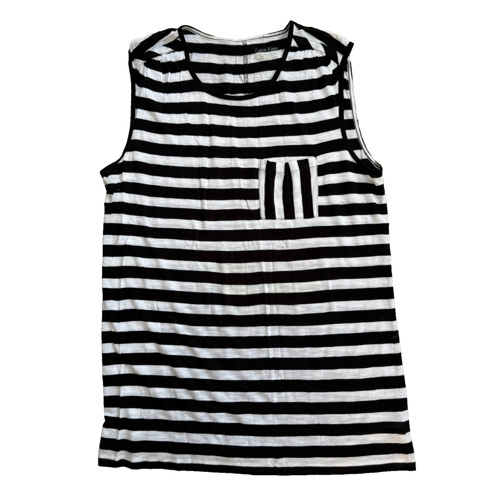 Calvin Klein Tank Top Women Size M Black White Striped Sleeveless Pocket Rayon